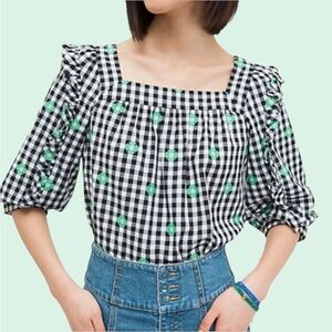 KATE SPADE Black Gingham Voile Top with Green Accents